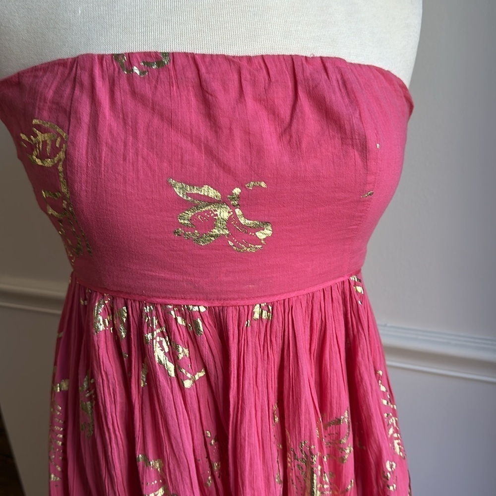 Free People Baja Babe Midi Dress Pink Gold Foil Sleeveless Medium EUC - Picture 4 of 8